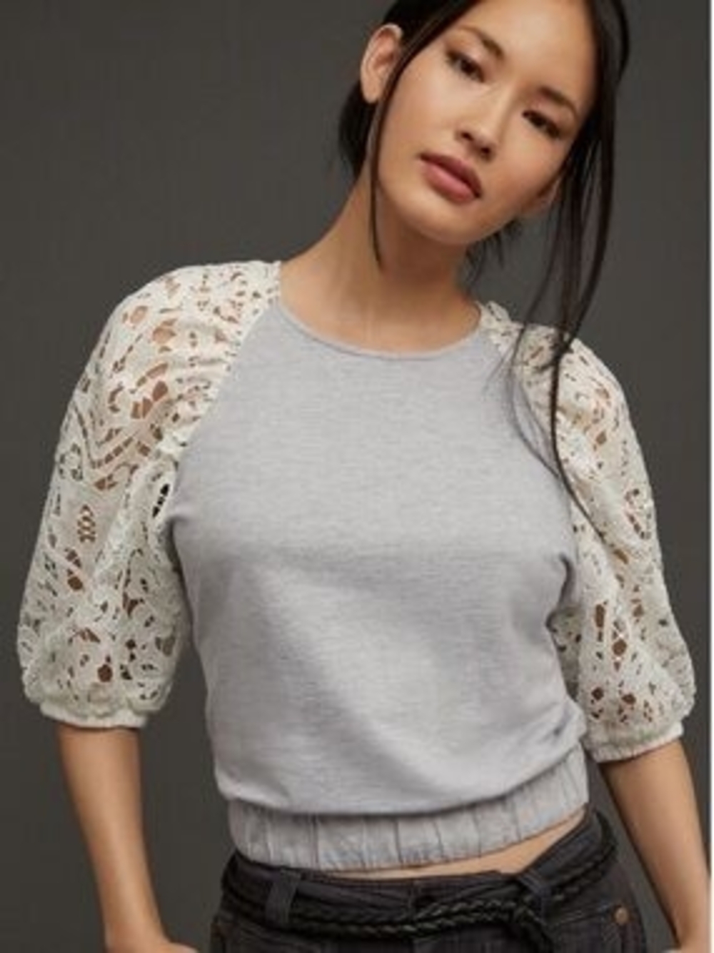 Dolan Left Coast Collection Gray Top White Lace Puff Sleeves Size M